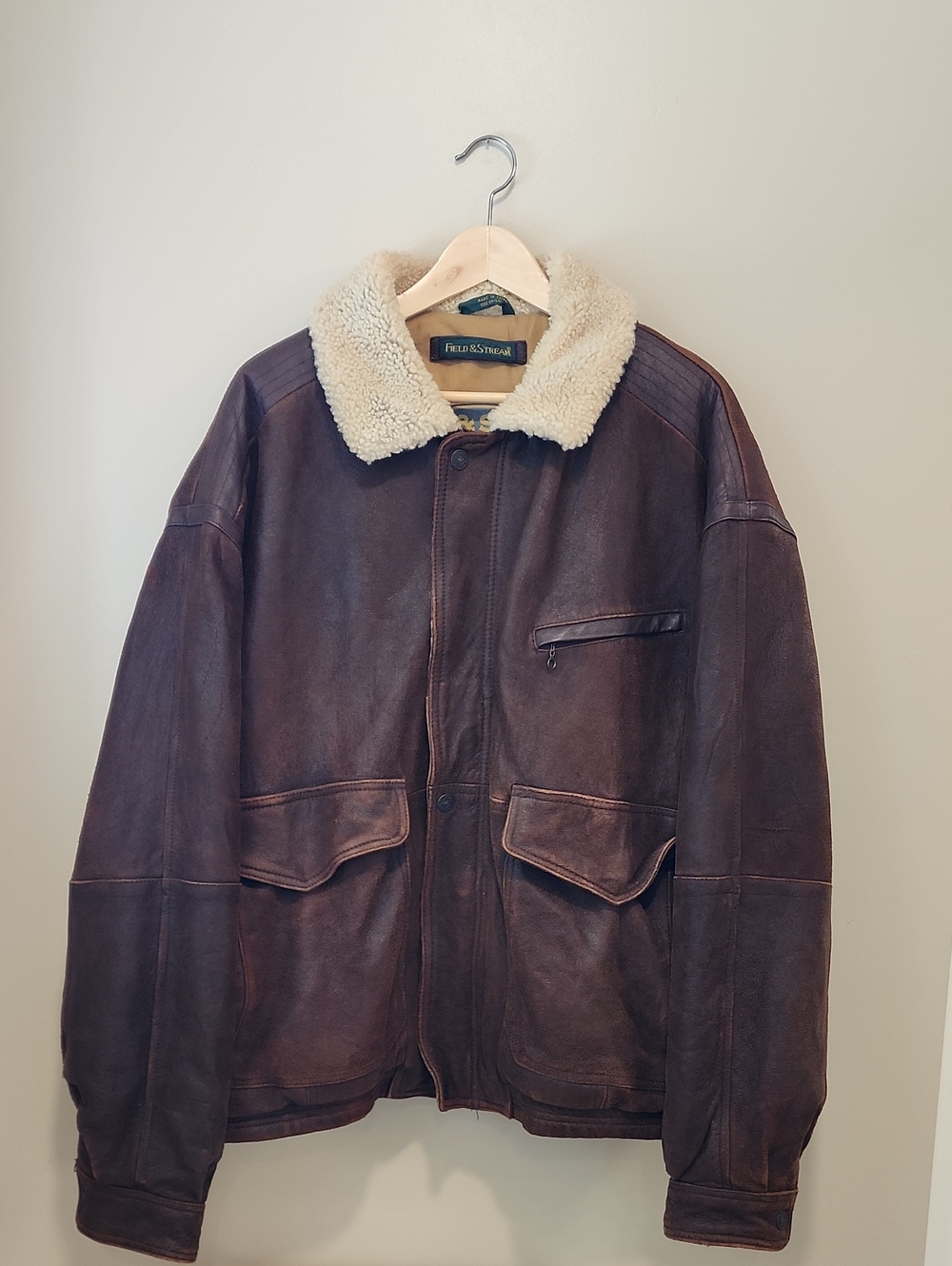 Field & Stream Bomber Jacket Textured Leather Shearling Collar Brown size XXL